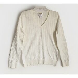Vintage Talbots Sweater Size L White V-neck Pima Cotton Preppy Yachting Cruise